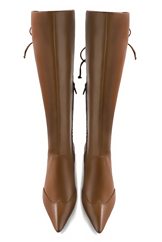 Caramel brown women's knee-high boots, with laces at the back. Tapered toe. Medium cone heels. Made to measure. Top view - Florence KOOIJMAN